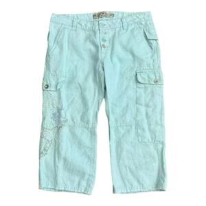 ANTHROPOLOGIE X Mur‎ Mur Size M Baby Blue Linen Embroidered Bird Cargo Capri